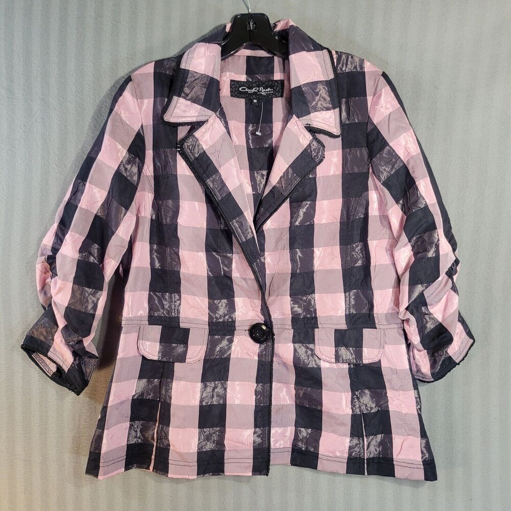 cheryl nash windbridge womens jacket pink plaid ruched long sleeve one button